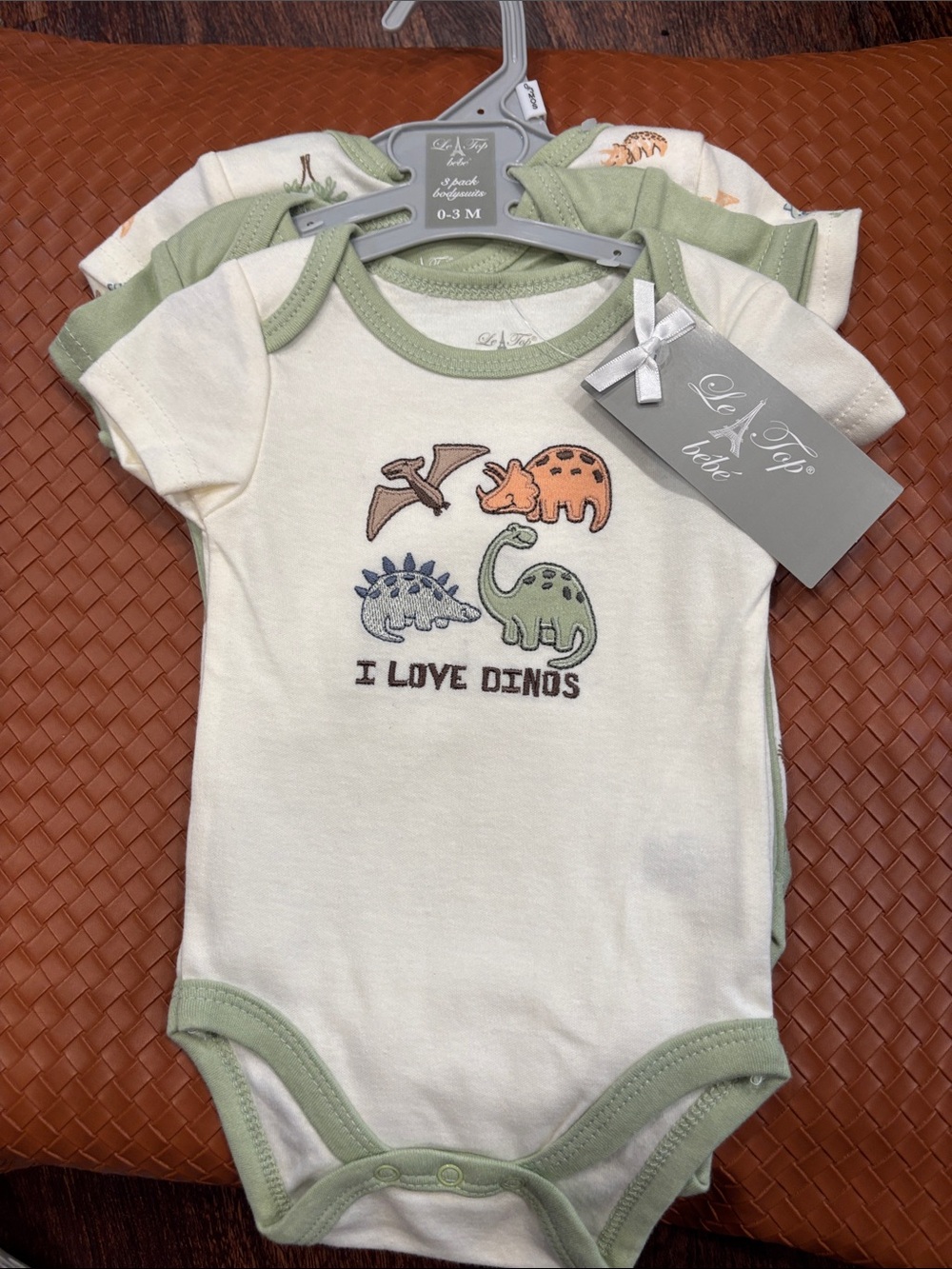 Le Top Cream & Sage 'I Love Dinos' Short Sleeve One-Piece Bodysuit